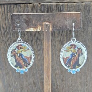 NWT Blonde Cowgirl  Earrings Silver Tone Faux Turquoise Western Country Girl